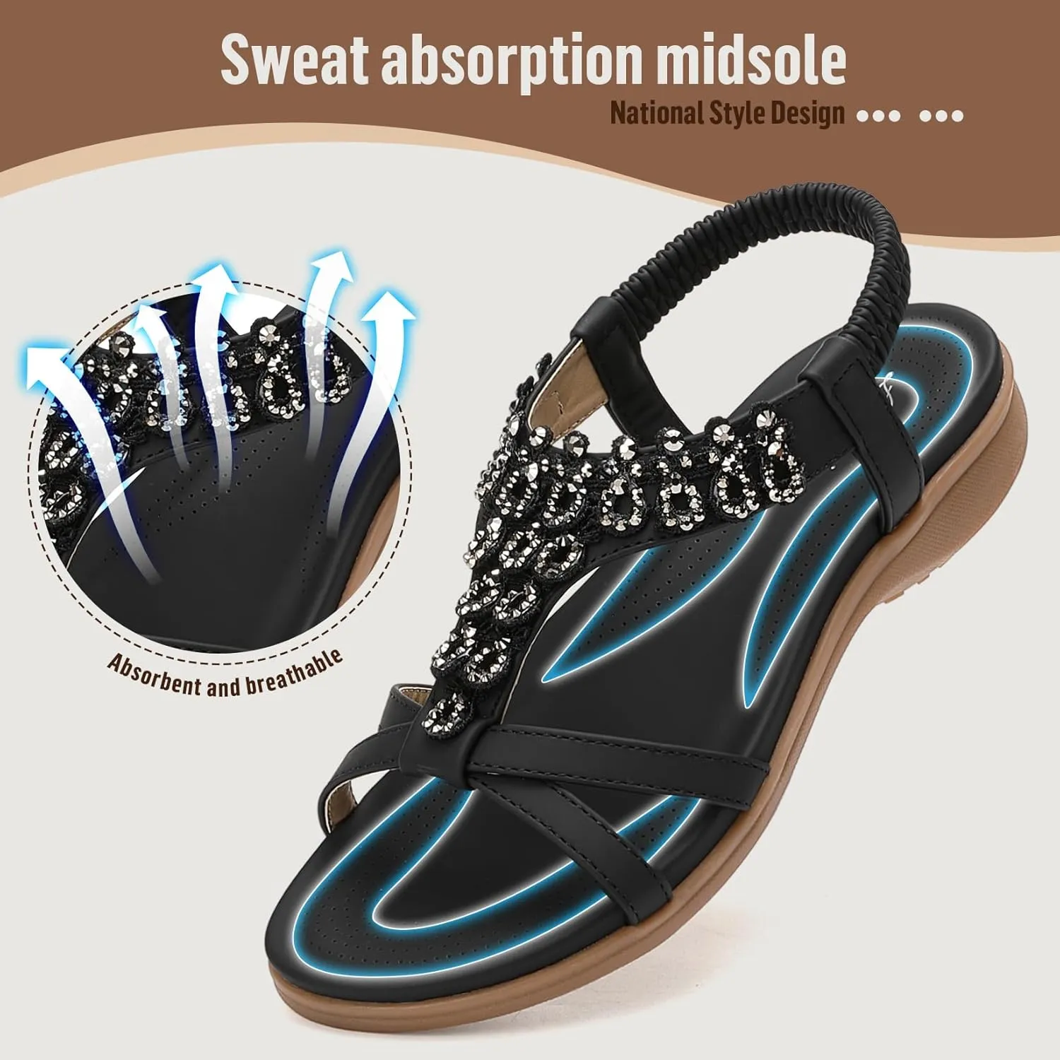 Littleplum Womens Sandals Arch Support Slingback Rhinestone Dressy Sandals Comfort Summer Shoes Ankle Strap Elastic Flats for Beach Walking