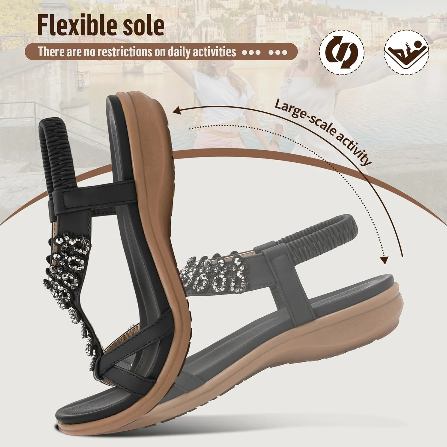Littleplum Womens Sandals Arch Support Slingback Rhinestone Dressy Sandals Comfort Summer Shoes Ankle Strap Elastic Flats for Beach Walking
