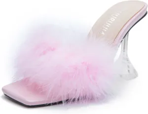 LIURUIJIA Women's Square Toe Feathers High Heels Fur Mules Sandals Fuzzy Fluffy Wedding Bridal Party Dress Shoes
