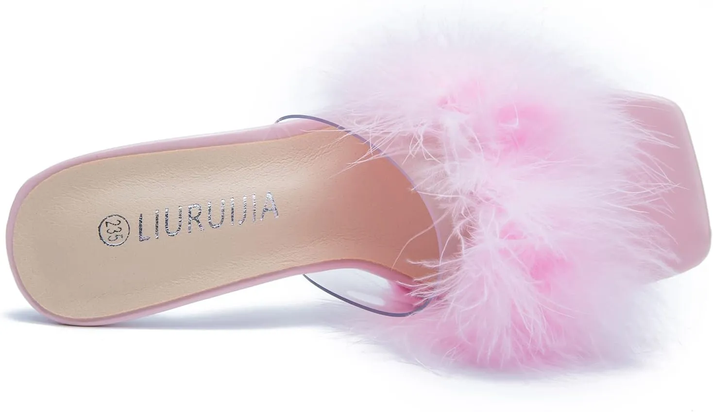 LIURUIJIA Women's Square Toe Feathers High Heels Fur Mules Sandals Fuzzy Fluffy Wedding Bridal Party Dress Shoes