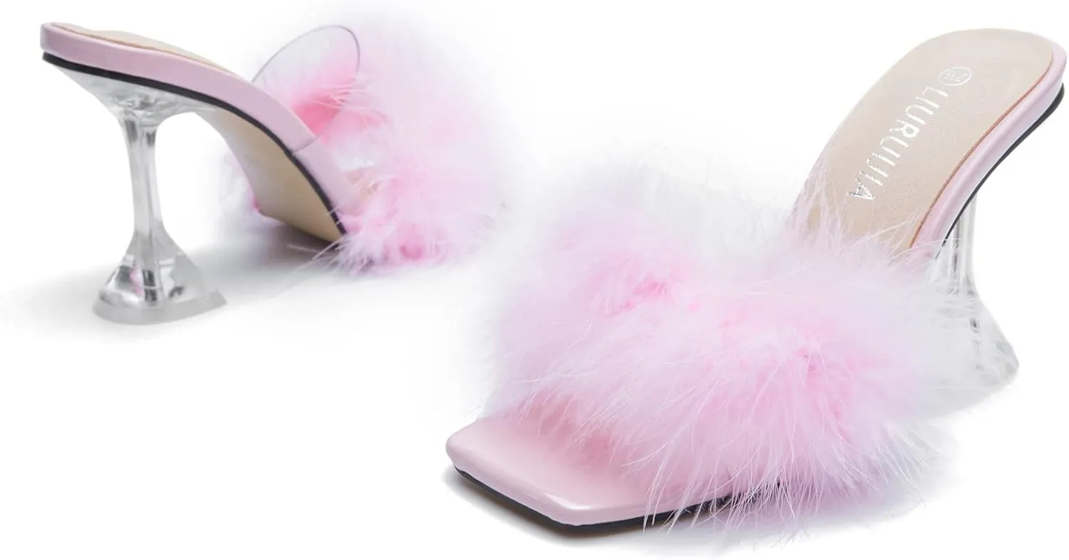 LIURUIJIA Women's Square Toe Feathers High Heels Fur Mules Sandals Fuzzy Fluffy Wedding Bridal Party Dress Shoes