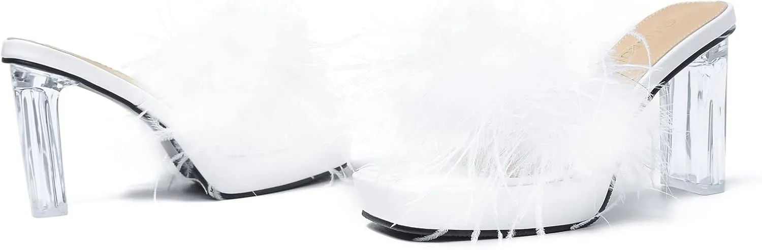 LIURUIJIA Women's Square Toe Platform Chunky Heel Slip on Sandals Feather Fuzzy Heels Mules Wedding Bridal Party Dress Shoes