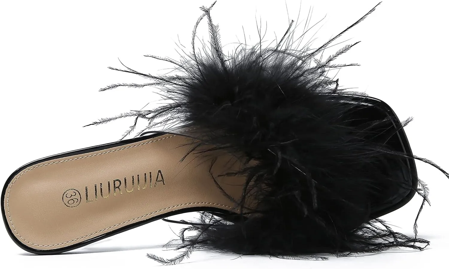 LIURUIJIA Women's Square Toe Platform Chunky Heel Slip on Sandals Feather Fuzzy Heels Mules Wedding Bridal Party Dress Shoes