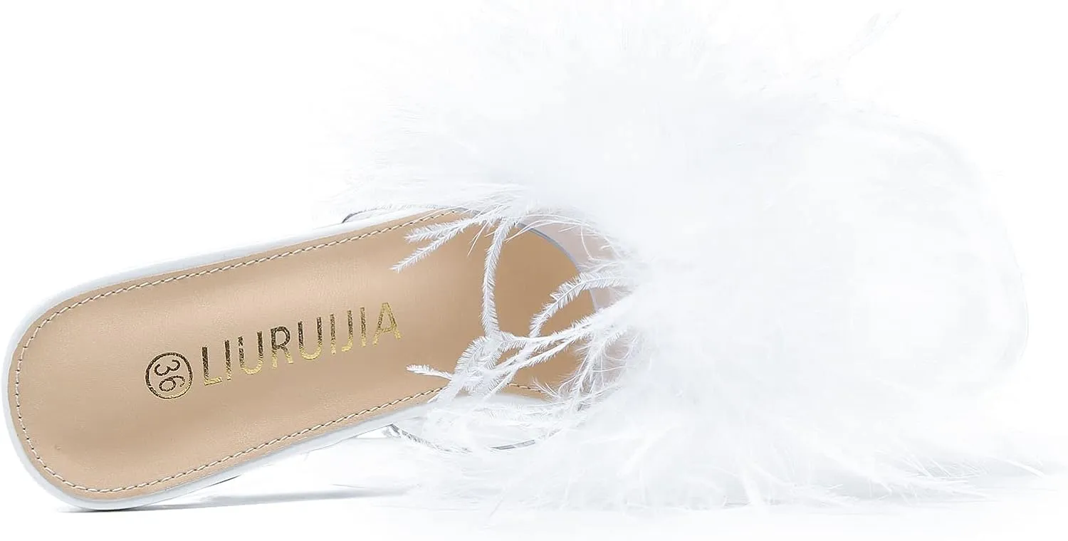 LIURUIJIA Women's Square Toe Platform Chunky Heel Slip on Sandals Feather Fuzzy Heels Mules Wedding Bridal Party Dress Shoes