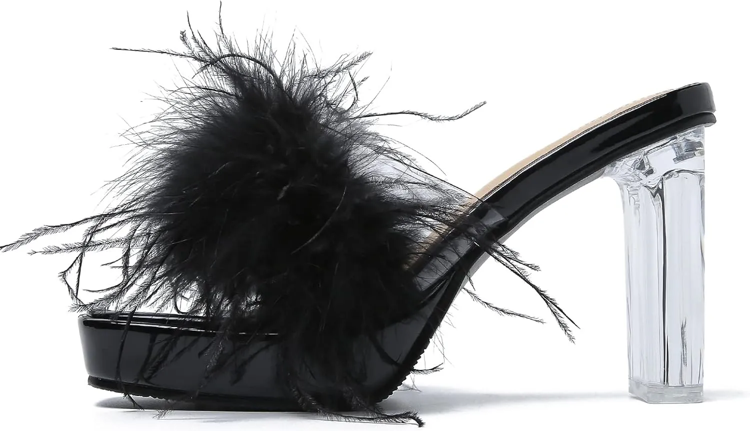 LIURUIJIA Women's Square Toe Platform Chunky Heel Slip on Sandals Feather Fuzzy Heels Mules Wedding Bridal Party Dress Shoes