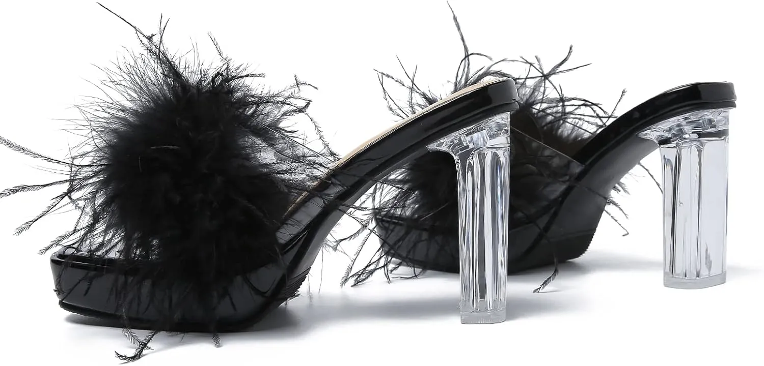 LIURUIJIA Women's Square Toe Platform Chunky Heel Slip on Sandals Feather Fuzzy Heels Mules Wedding Bridal Party Dress Shoes