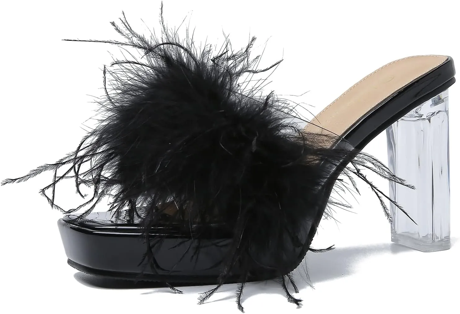 LIURUIJIA Women's Square Toe Platform Chunky Heel Slip on Sandals Feather Fuzzy Heels Mules Wedding Bridal Party Dress Shoes