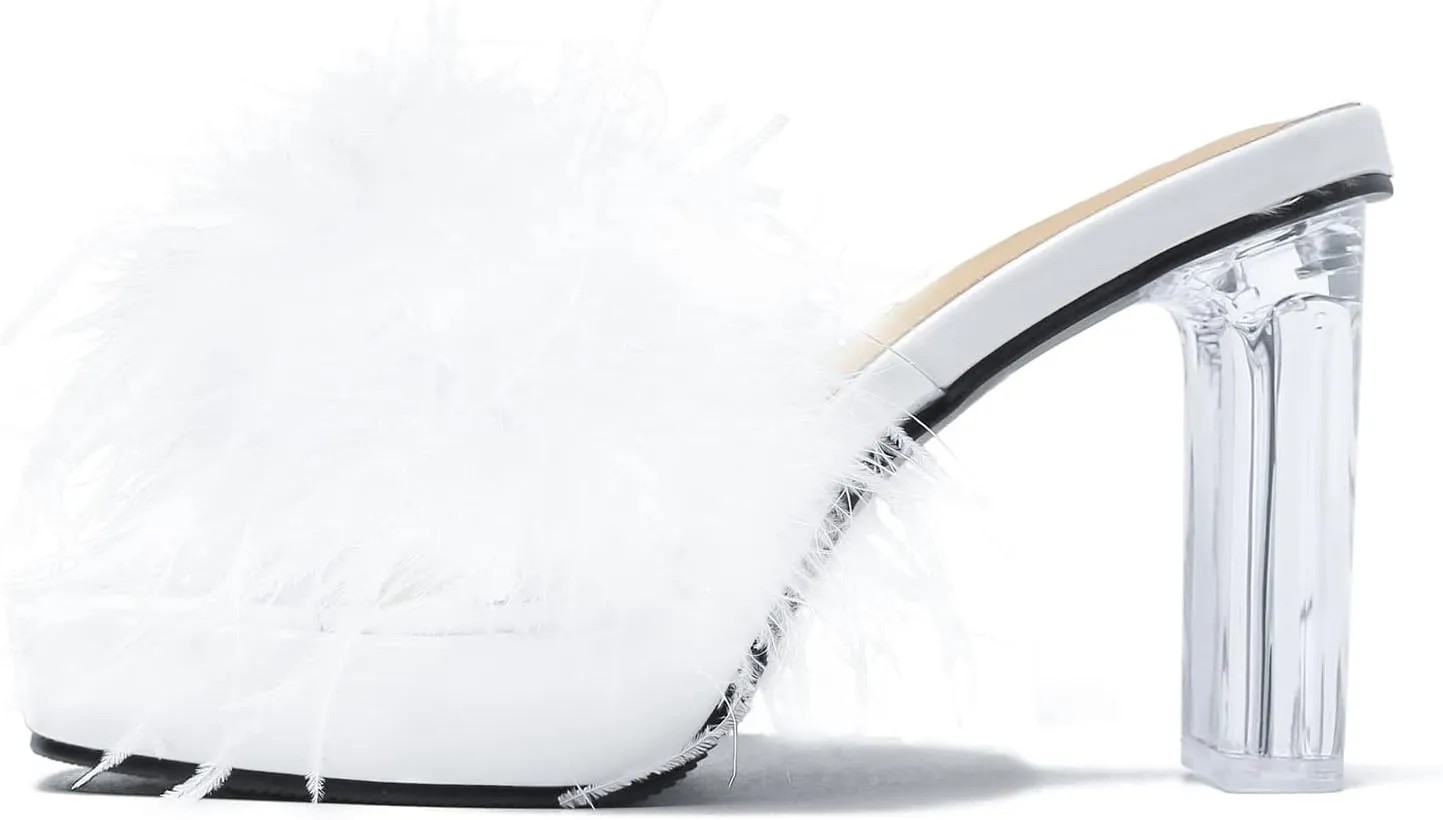 LIURUIJIA Women's Square Toe Platform Chunky Heel Slip on Sandals Feather Fuzzy Heels Mules Wedding Bridal Party Dress Shoes