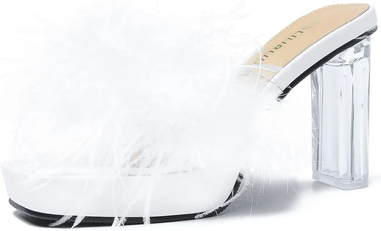 LIURUIJIA Women's Square Toe Platform Chunky Heel Slip on Sandals Feather Fuzzy Heels Mules Wedding Bridal Party Dress Shoes