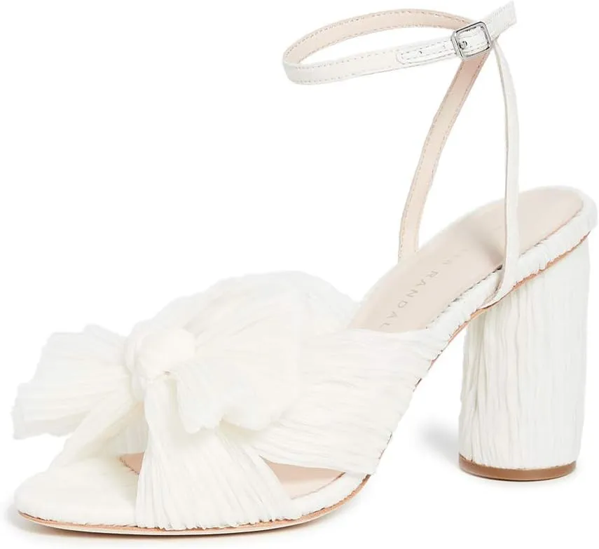 Loeffler Randall Women's Camellia Pleated Bow Heel with Ankle Strap, Pearl, Off White, White, 8 Medium US
