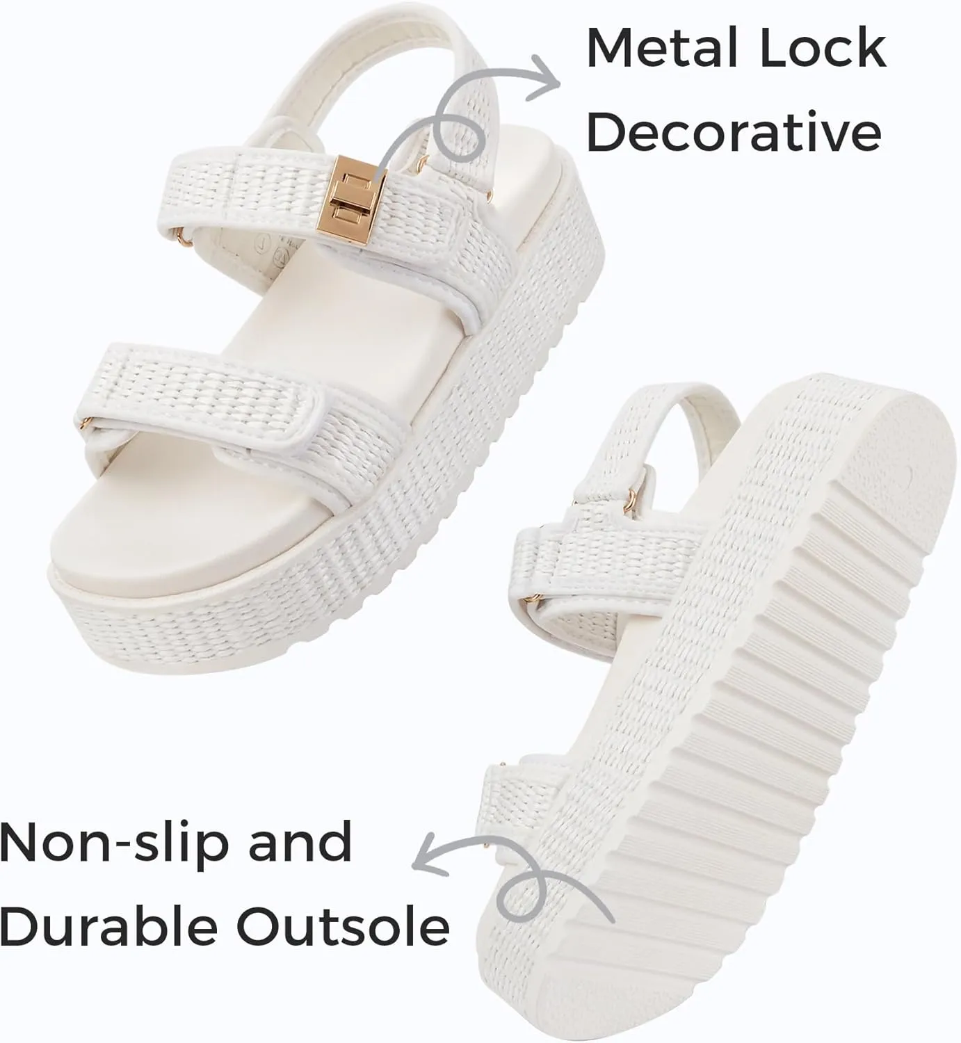 LUCKY STEP Women's Raffia Platform Wedge Sandals Open Toe Slingback Sandals Adjustable Double Strap Beach Sandals
