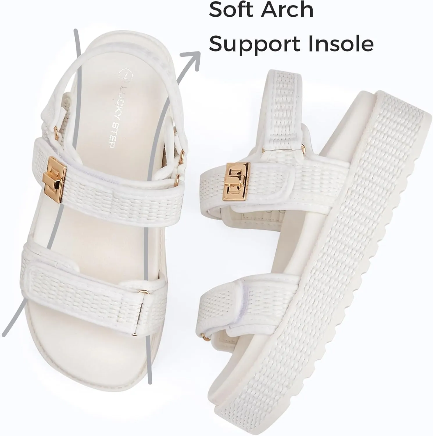LUCKY STEP Women's Raffia Platform Wedge Sandals Open Toe Slingback Sandals Adjustable Double Strap Beach Sandals