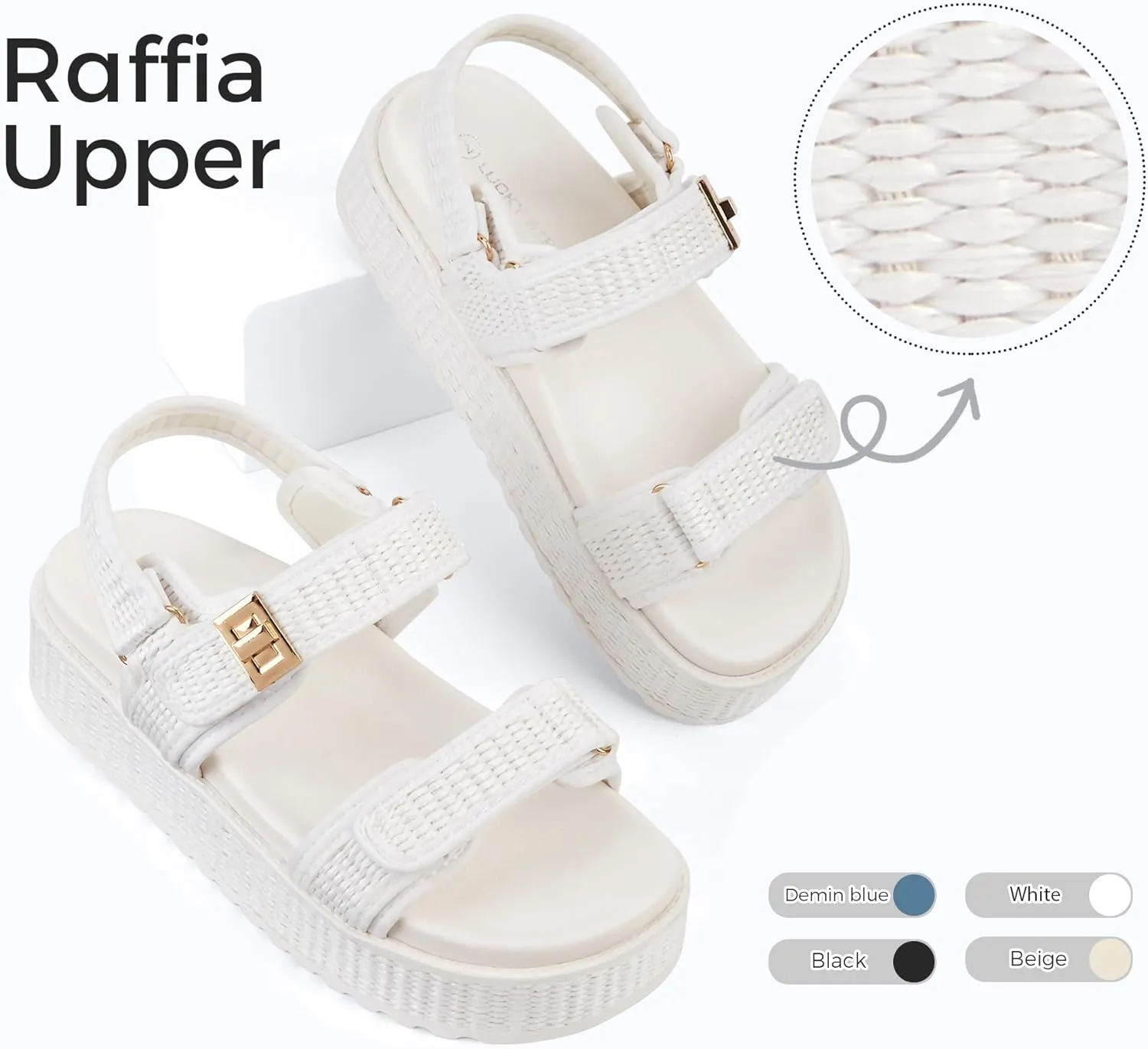 LUCKY STEP Women's Raffia Platform Wedge Sandals Open Toe Slingback Sandals Adjustable Double Strap Beach Sandals