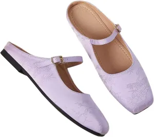 LUXINYU Retro Mules for Women Dressy Square Toe Backless Flat Mules with Strap Embroidered Satin Mary Jane Shoes