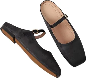 LUXINYU Retro Mules for Women Dressy Square Toe Backless Flat Mules with Strap Embroidered Satin Mary Jane Shoes
