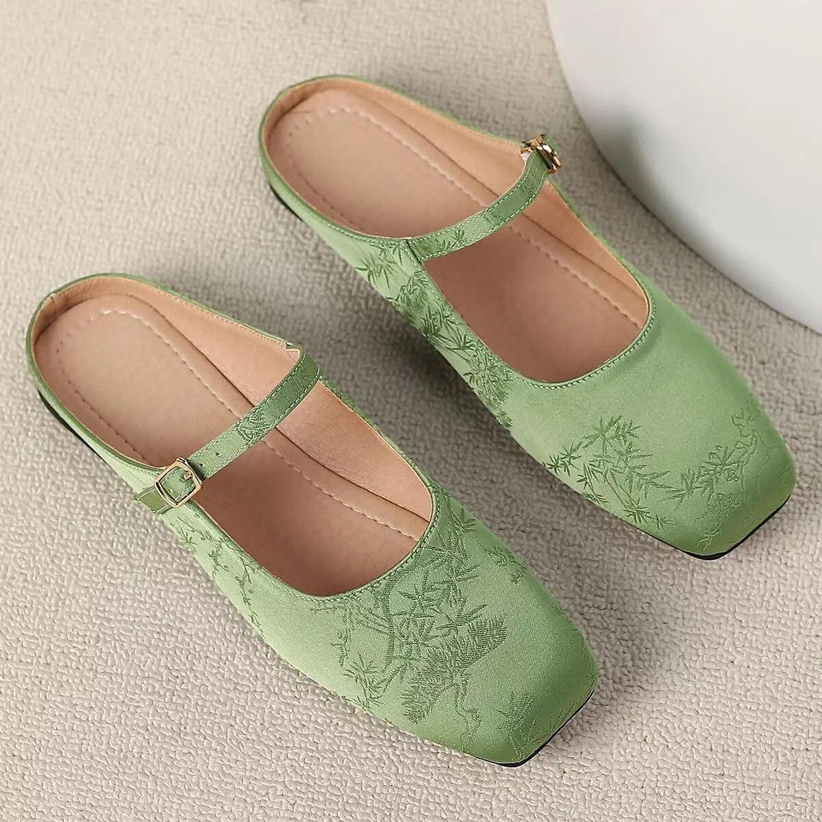 LUXINYU Retro Mules for Women Dressy Square Toe Backless Flat Mules with Strap Embroidered Satin Mary Jane Shoes