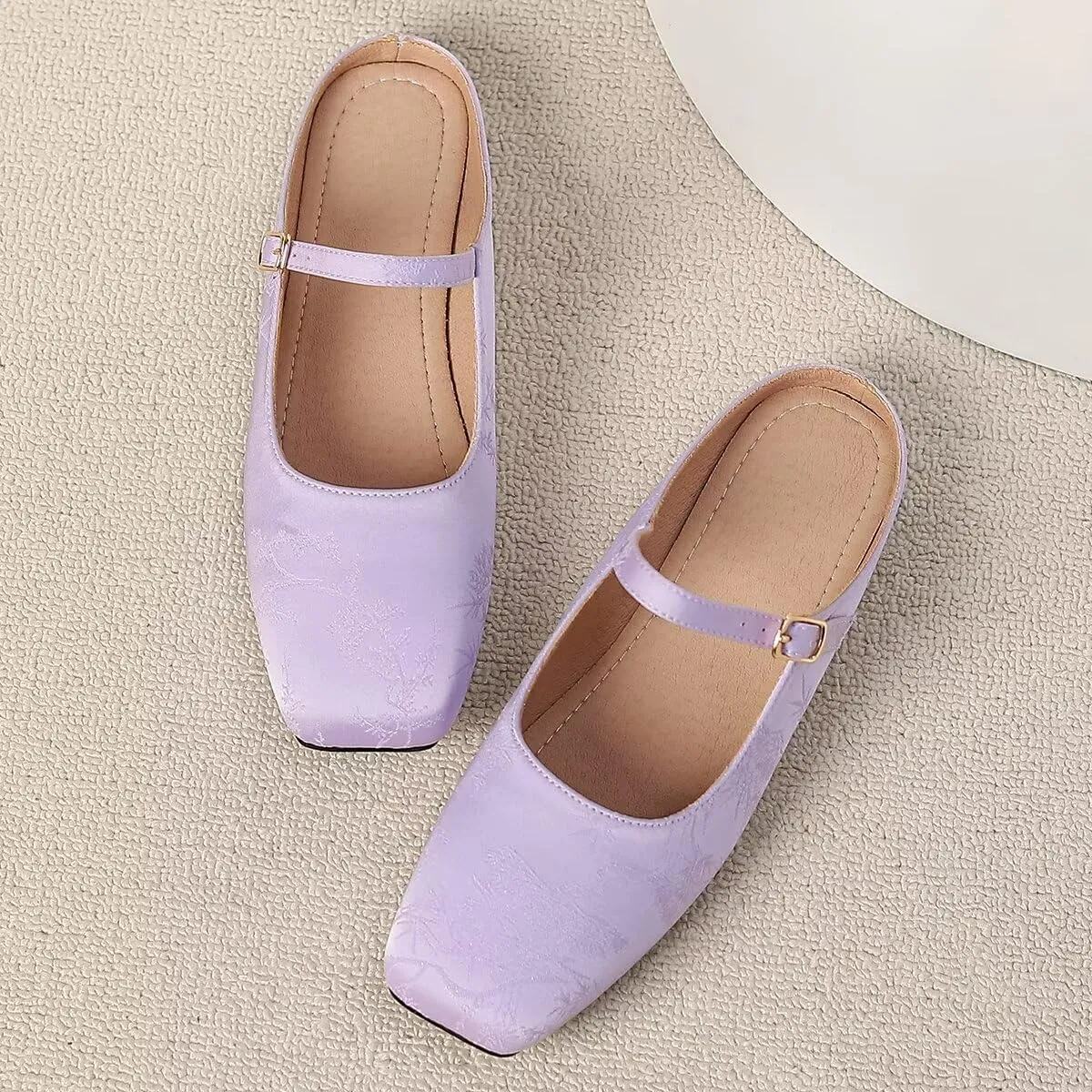LUXINYU Retro Mules for Women Dressy Square Toe Backless Flat Mules with Strap Embroidered Satin Mary Jane Shoes