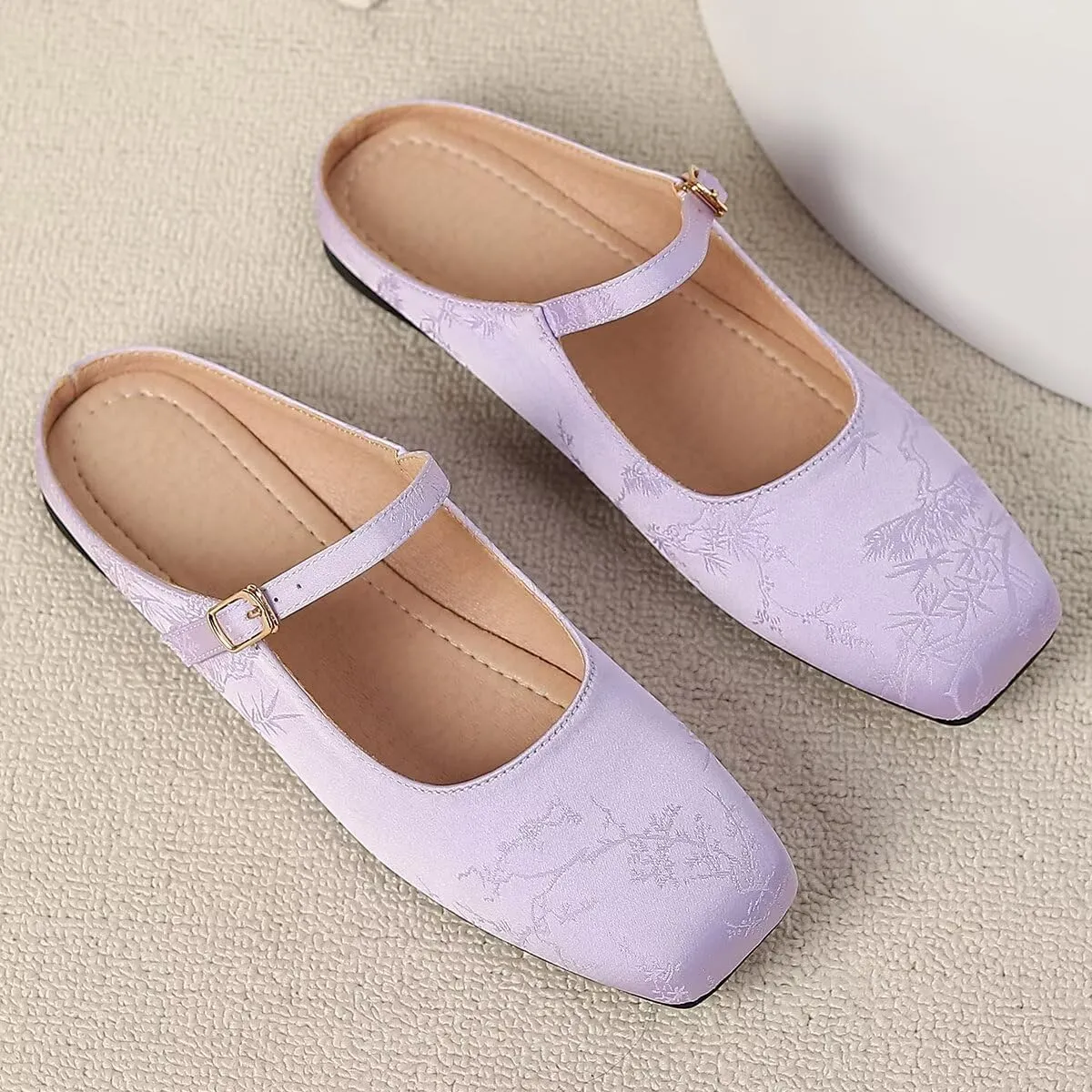 LUXINYU Retro Mules for Women Dressy Square Toe Backless Flat Mules with Strap Embroidered Satin Mary Jane Shoes