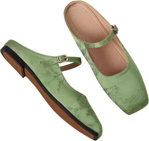LUXINYU Retro Mules for Women Dressy Square Toe Backless Flat Mules with Strap Embroidered Satin Mary Jane Shoes