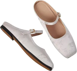 LUXINYU Retro Mules for Women Dressy Square Toe Backless Flat Mules with Strap Embroidered Satin Mary Jane Shoes