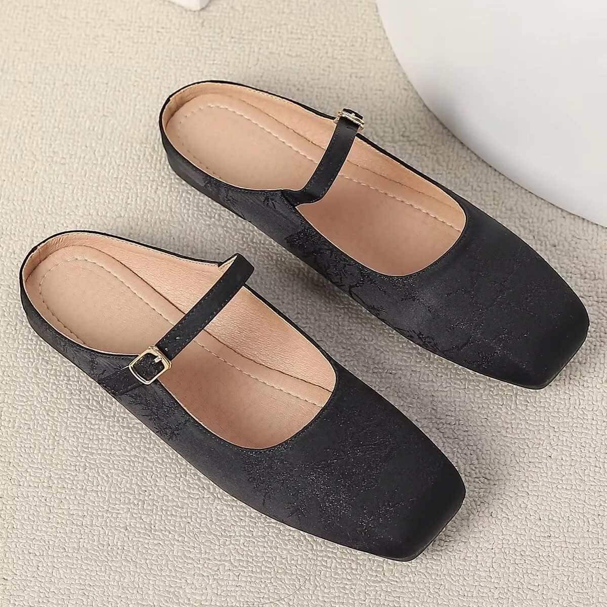LUXINYU Retro Mules for Women Dressy Square Toe Backless Flat Mules with Strap Embroidered Satin Mary Jane Shoes