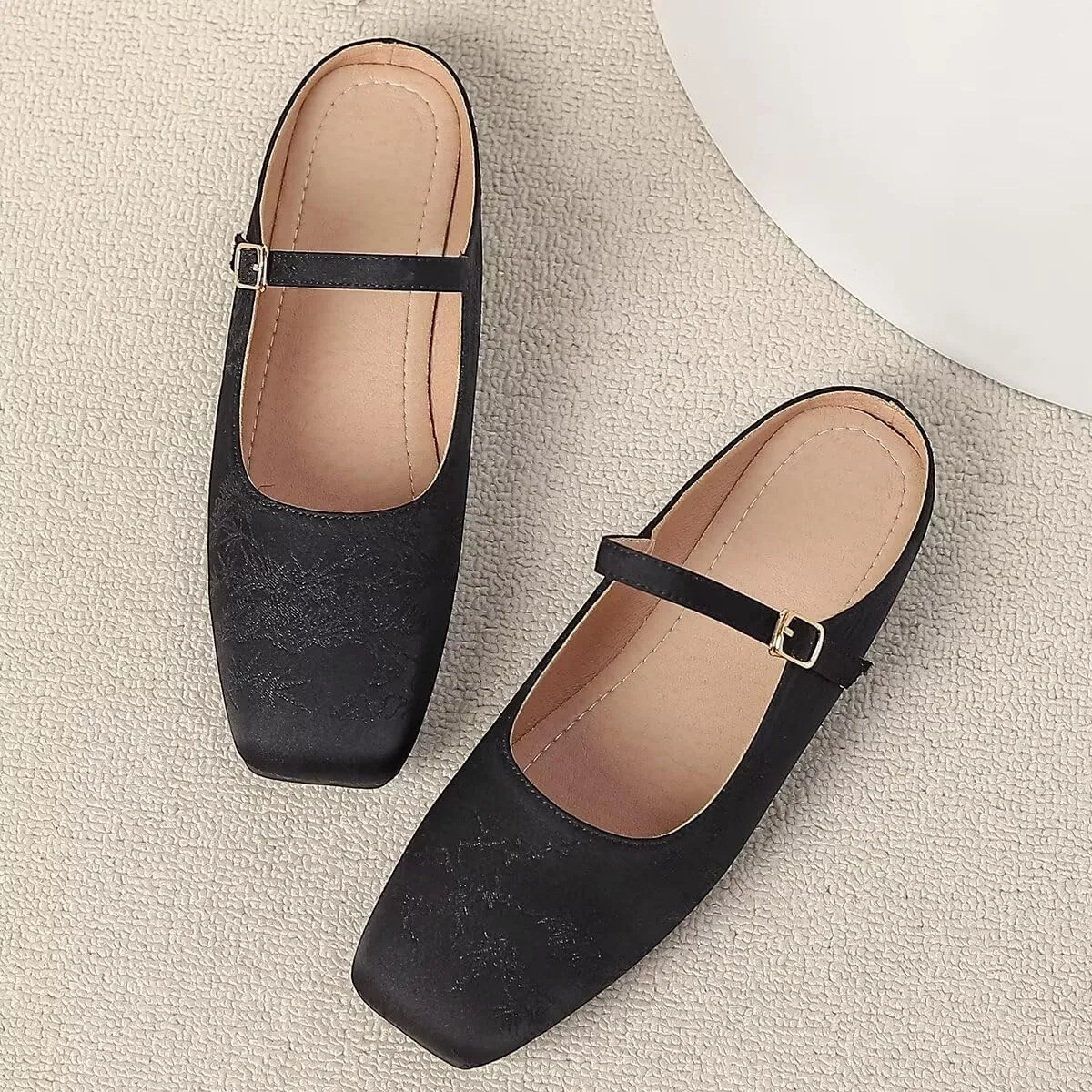 LUXINYU Retro Mules for Women Dressy Square Toe Backless Flat Mules with Strap Embroidered Satin Mary Jane Shoes