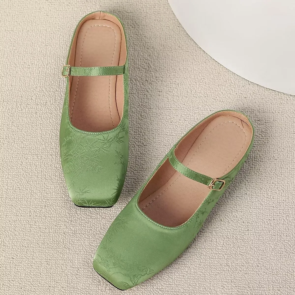 LUXINYU Retro Mules for Women Dressy Square Toe Backless Flat Mules with Strap Embroidered Satin Mary Jane Shoes