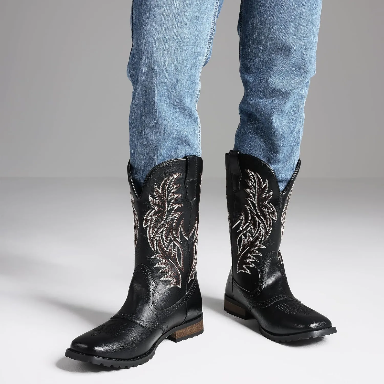 Lyrisiphy Cowboy Boots for Men Square Toe Embroideried Western Boots Traditional Country Boots Durable Work Boots