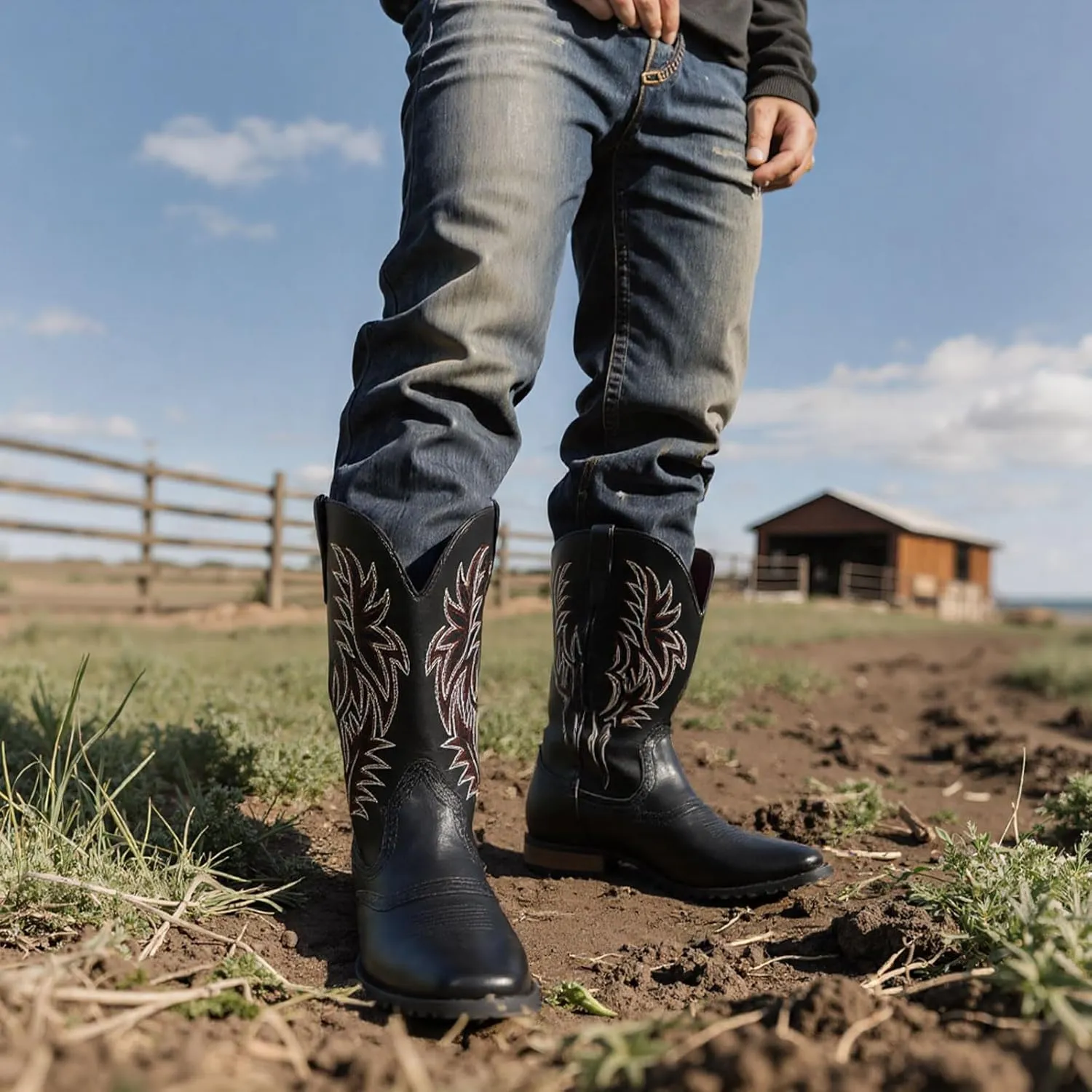 Lyrisiphy Cowboy Boots for Men Square Toe Embroideried Western Boots Traditional Country Boots Durable Work Boots