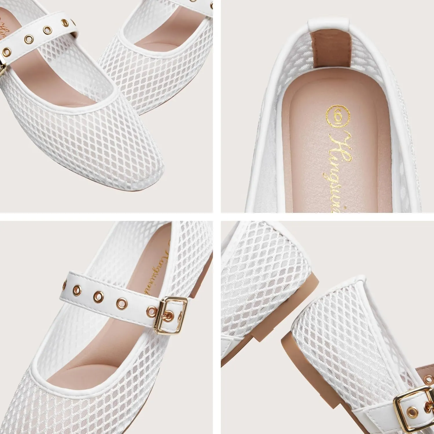 Mary Jane Shoes Women Fishnet Mesh Ballet Flats with Strap Buckle Closed Toe MaryJanes Shoes Ballerina Flats for Women Dressy Comfortable