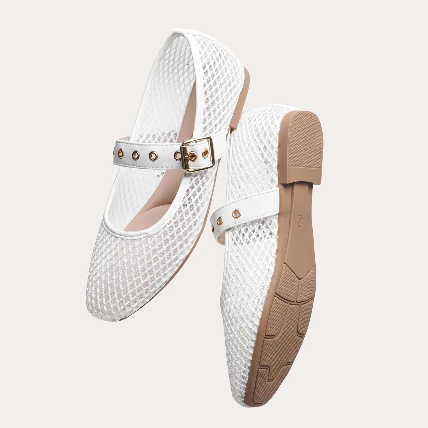 Mary Jane Shoes Women Fishnet Mesh Ballet Flats with Strap Buckle Closed Toe MaryJanes Shoes Ballerina Flats for Women Dressy Comfortable