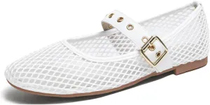 Mary Jane Shoes Women Fishnet Mesh Ballet Flats with Strap Buckle Closed Toe MaryJanes Shoes Ballerina Flats for Women Dressy Comfortable
