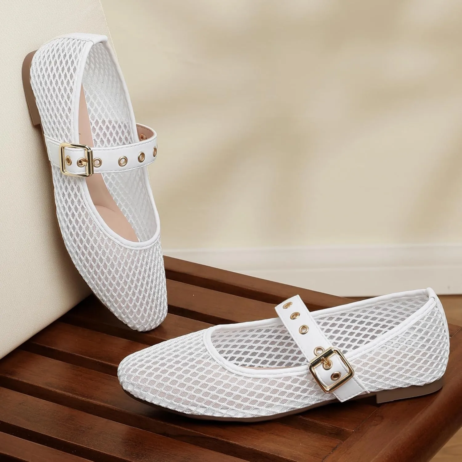 Mary Jane Shoes Women Fishnet Mesh Ballet Flats with Strap Buckle Closed Toe MaryJanes Shoes Ballerina Flats for Women Dressy Comfortable