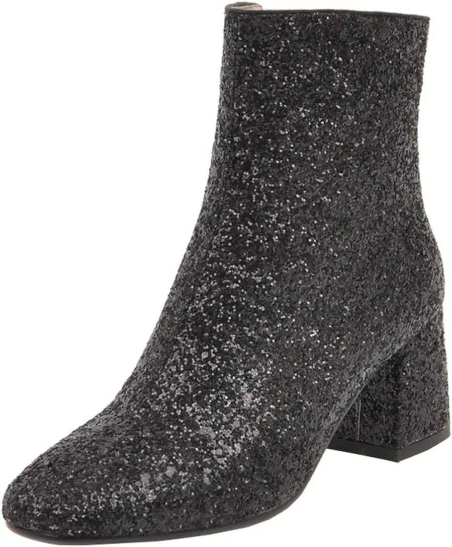 MAVMAX Women's Sequin Glitter Ankle Boots Chunky Heels Sparkly Booties