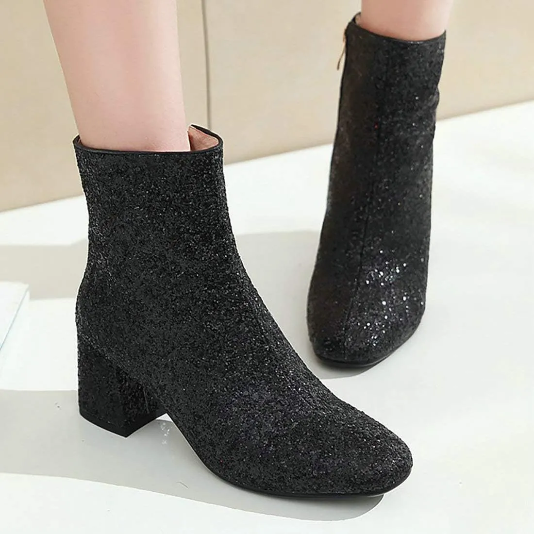 MAVMAX Women's Sequin Glitter Ankle Boots Chunky Heels Sparkly Booties