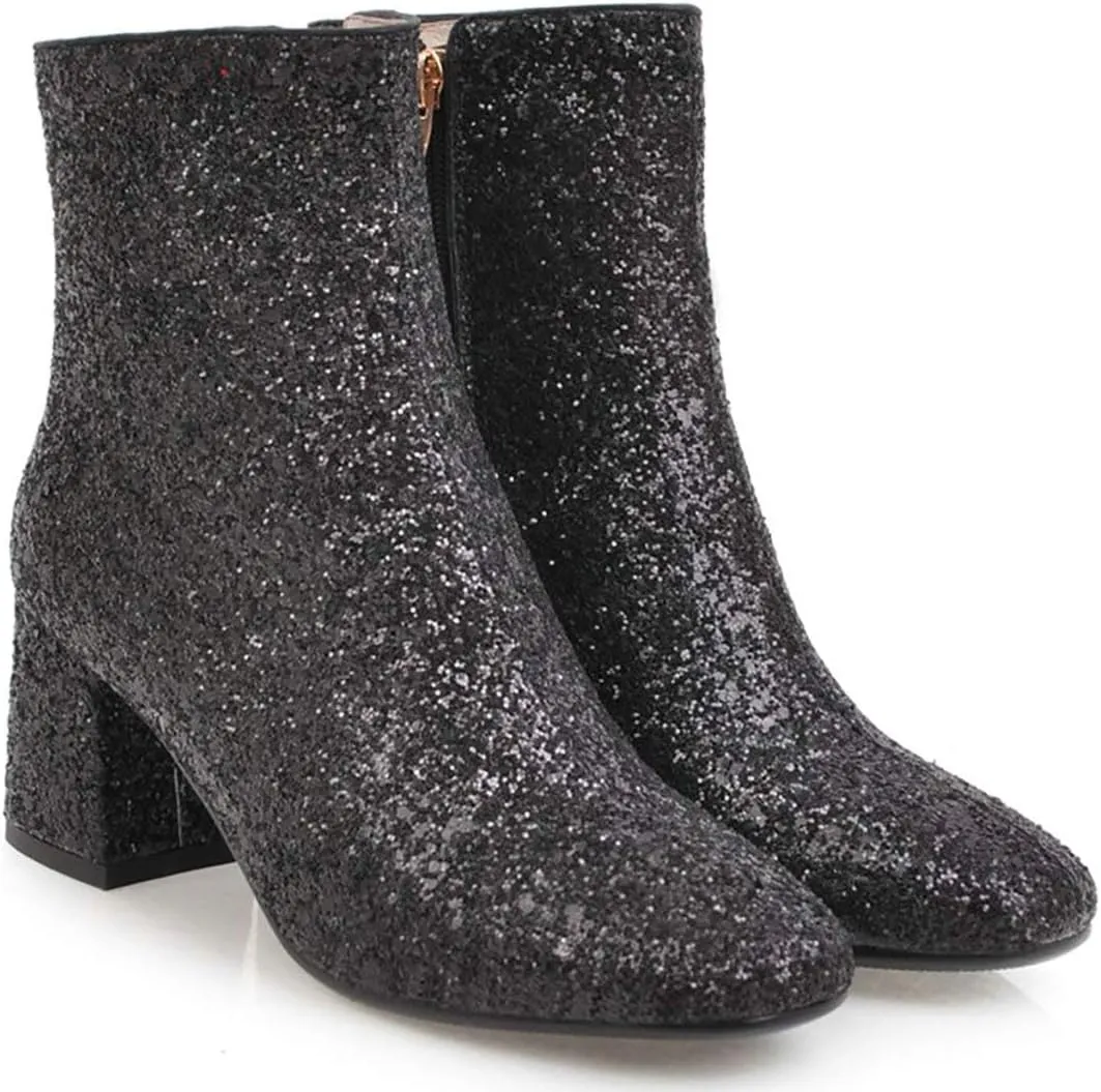 MAVMAX Women's Sequin Glitter Ankle Boots Chunky Heels Sparkly Booties