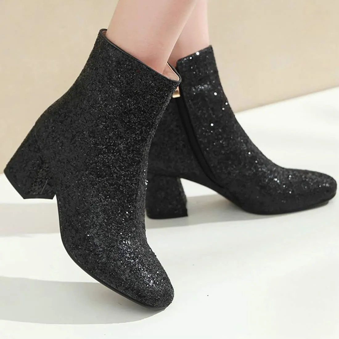 MAVMAX Women's Sequin Glitter Ankle Boots Chunky Heels Sparkly Booties