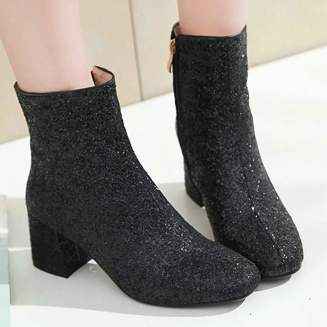 MAVMAX Women's Sequin Glitter Ankle Boots Chunky Heels Sparkly Booties