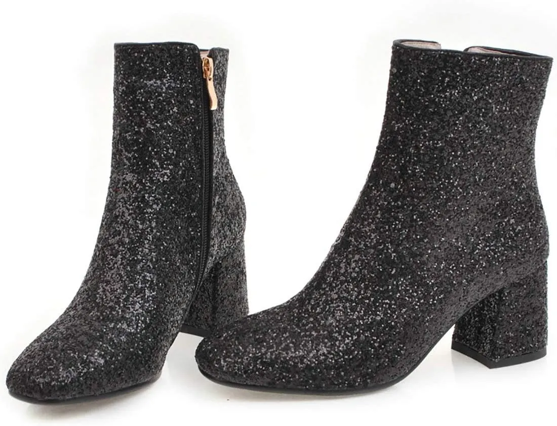 MAVMAX Women's Sequin Glitter Ankle Boots Chunky Heels Sparkly Booties