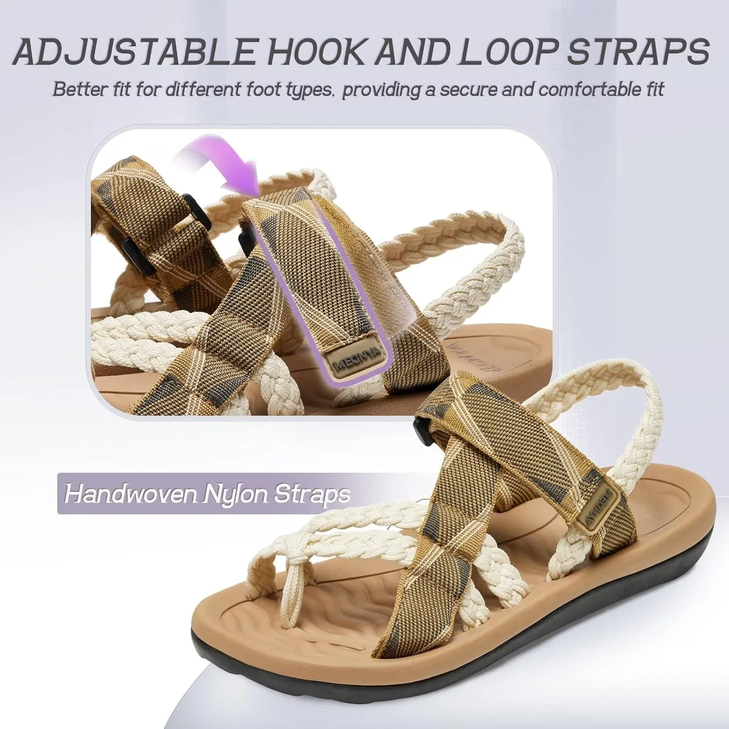 MEGNYA Comfortable Womens Hiking Sandals, Flip Flop Walking Sandals with Arch Support, Athletic Sandals with Hook and Loop Straps for Beach Vacation Adventure