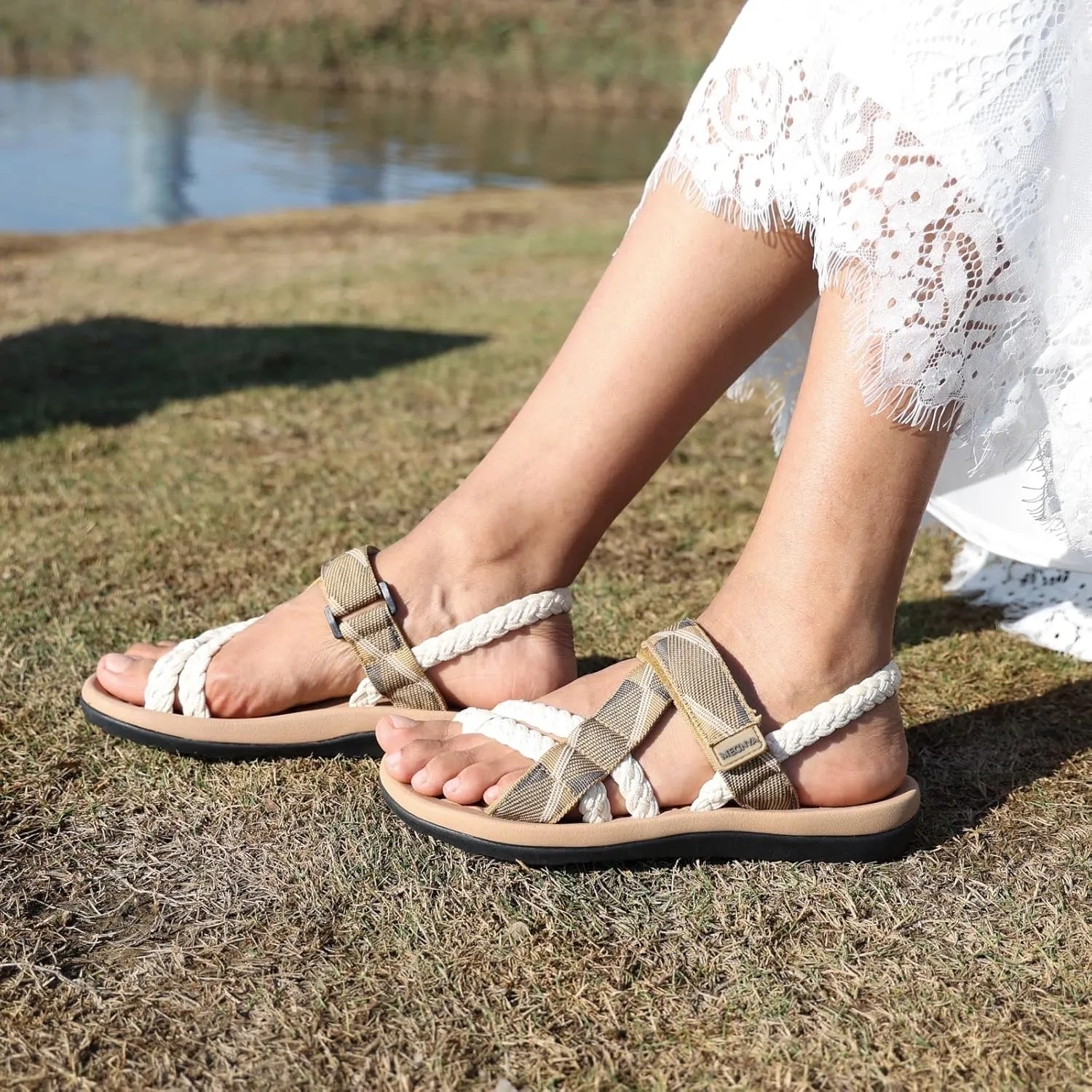 MEGNYA Comfortable Womens Hiking Sandals, Flip Flop Walking Sandals with Arch Support, Athletic Sandals with Hook and Loop Straps for Beach Vacation Adventure