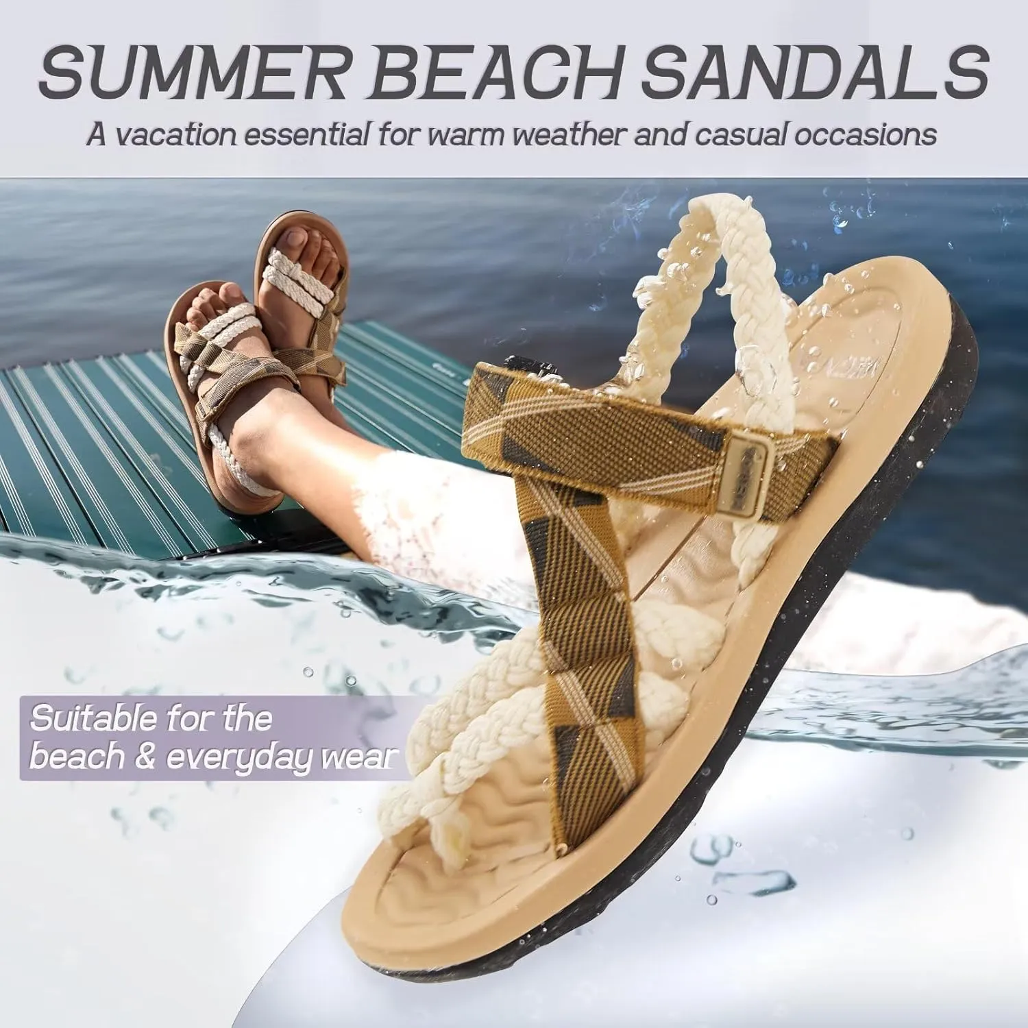MEGNYA Comfortable Womens Hiking Sandals, Flip Flop Walking Sandals with Arch Support, Athletic Sandals with Hook and Loop Straps for Beach Vacation Adventure