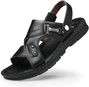 Men's Beach Shoes Sandals Cow Leather Slippers Breathable Purpose Men's Sandals(38)