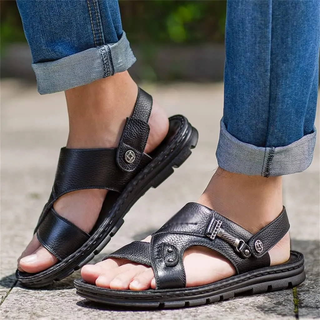 Men's Beach Shoes Sandals Cow Leather Slippers Breathable Purpose Men's Sandals(38)