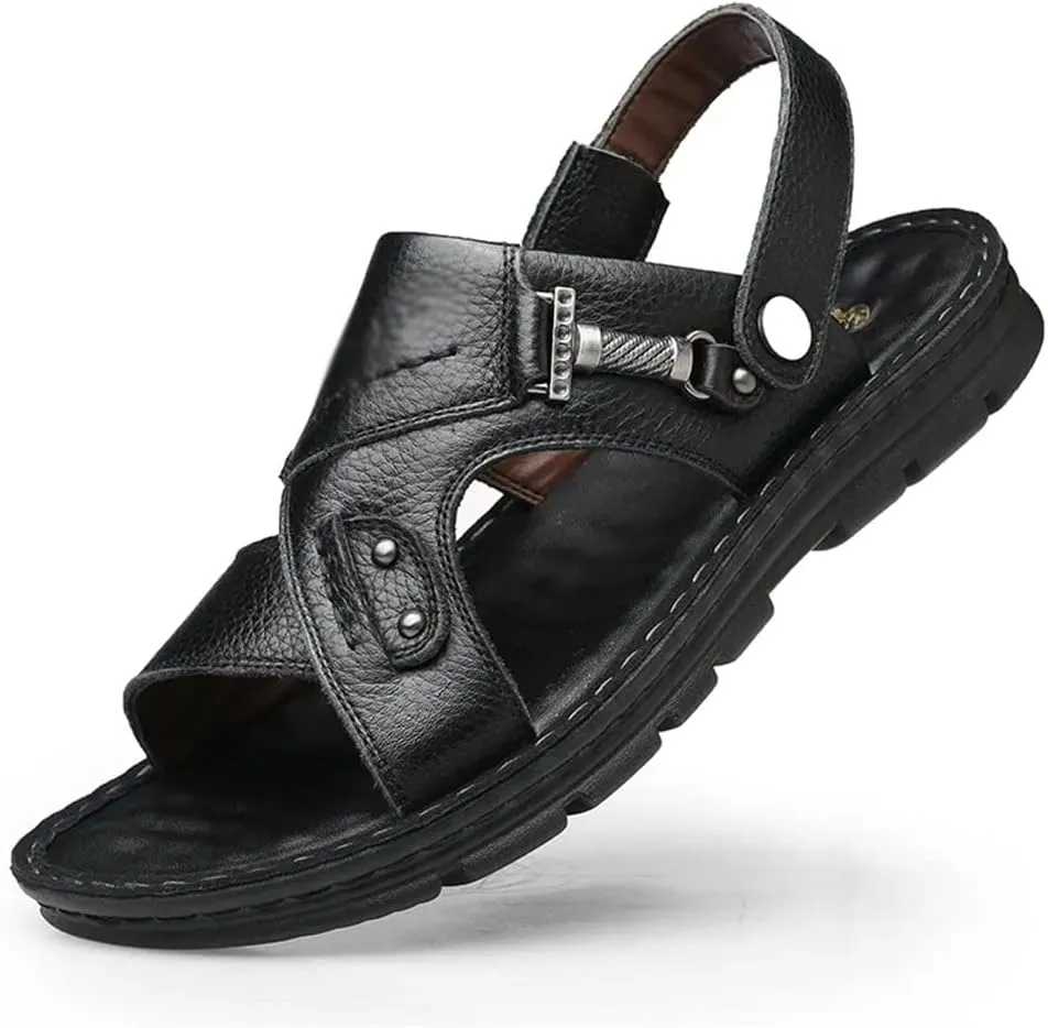 Men's Beach Shoes Sandals Cow Leather Slippers Breathable Purpose Men's Sandals(38)