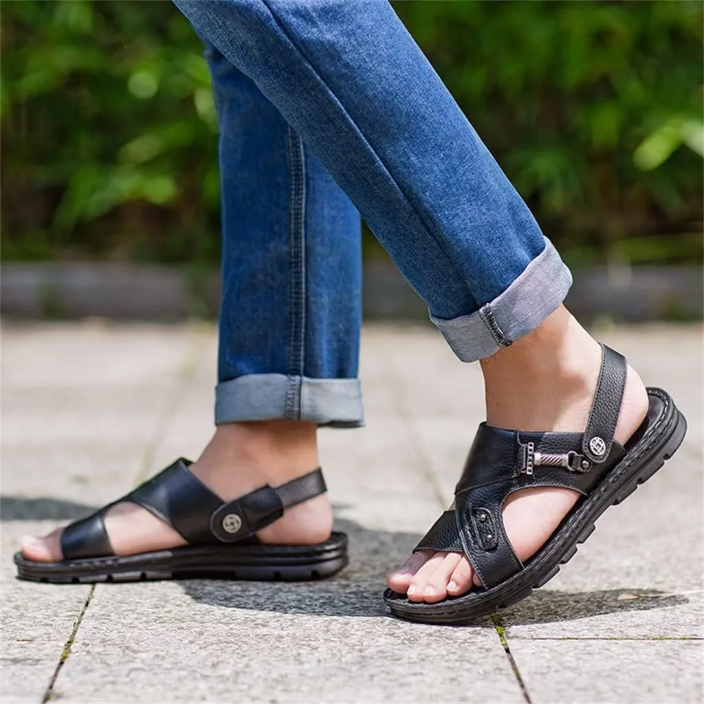 Men's Beach Shoes Sandals Cow Leather Slippers Breathable Purpose Men's Sandals(38)