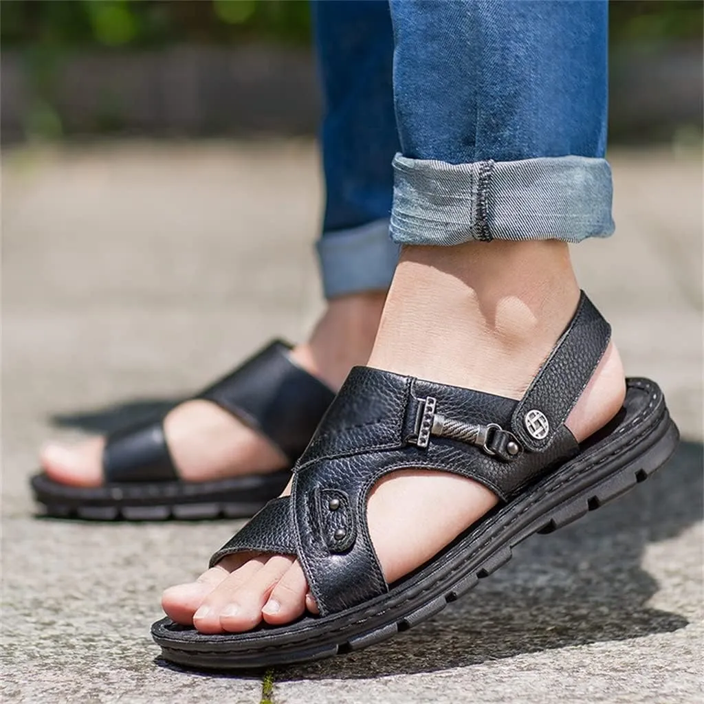 Men's Beach Shoes Sandals Cow Leather Slippers Breathable Purpose Men's Sandals(38)