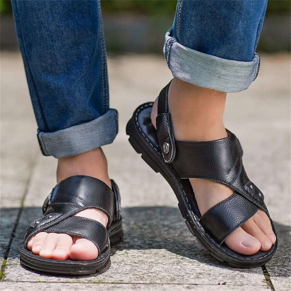 Men's Beach Shoes Sandals Cow Leather Slippers Breathable Purpose Men's Sandals(38)