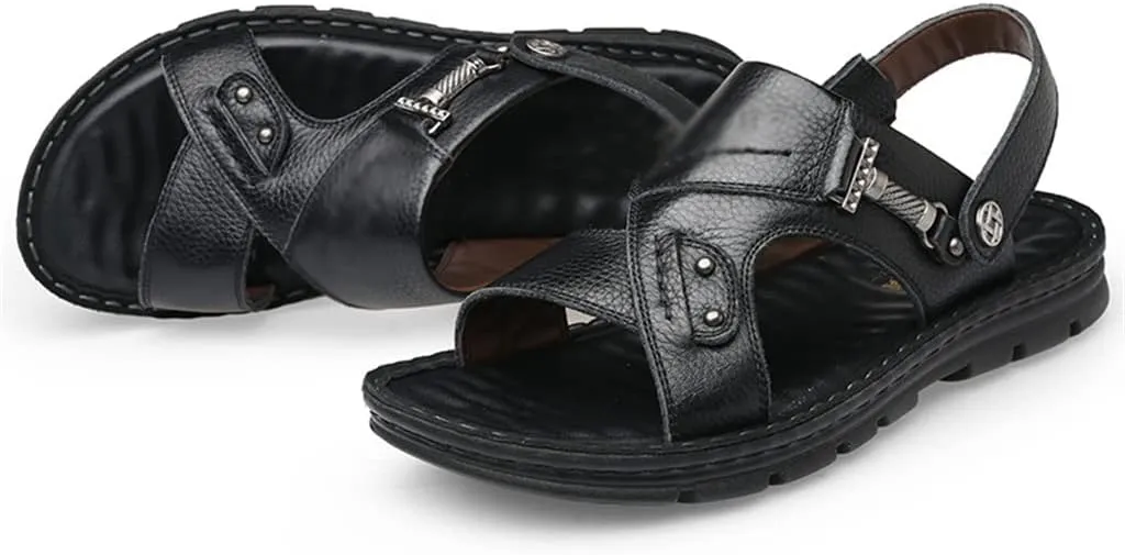 Men's Beach Shoes Sandals Cow Leather Slippers Breathable Purpose Men's Sandals(38)