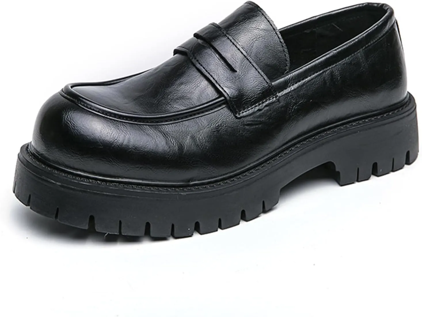 Men's Comfortable Soft Leather Platform Chunky Loafers Fashion Business Casual Formal Work Shoes Retro Round Toe Anti-Slip Lug Sole Slip-On Penny Loafers